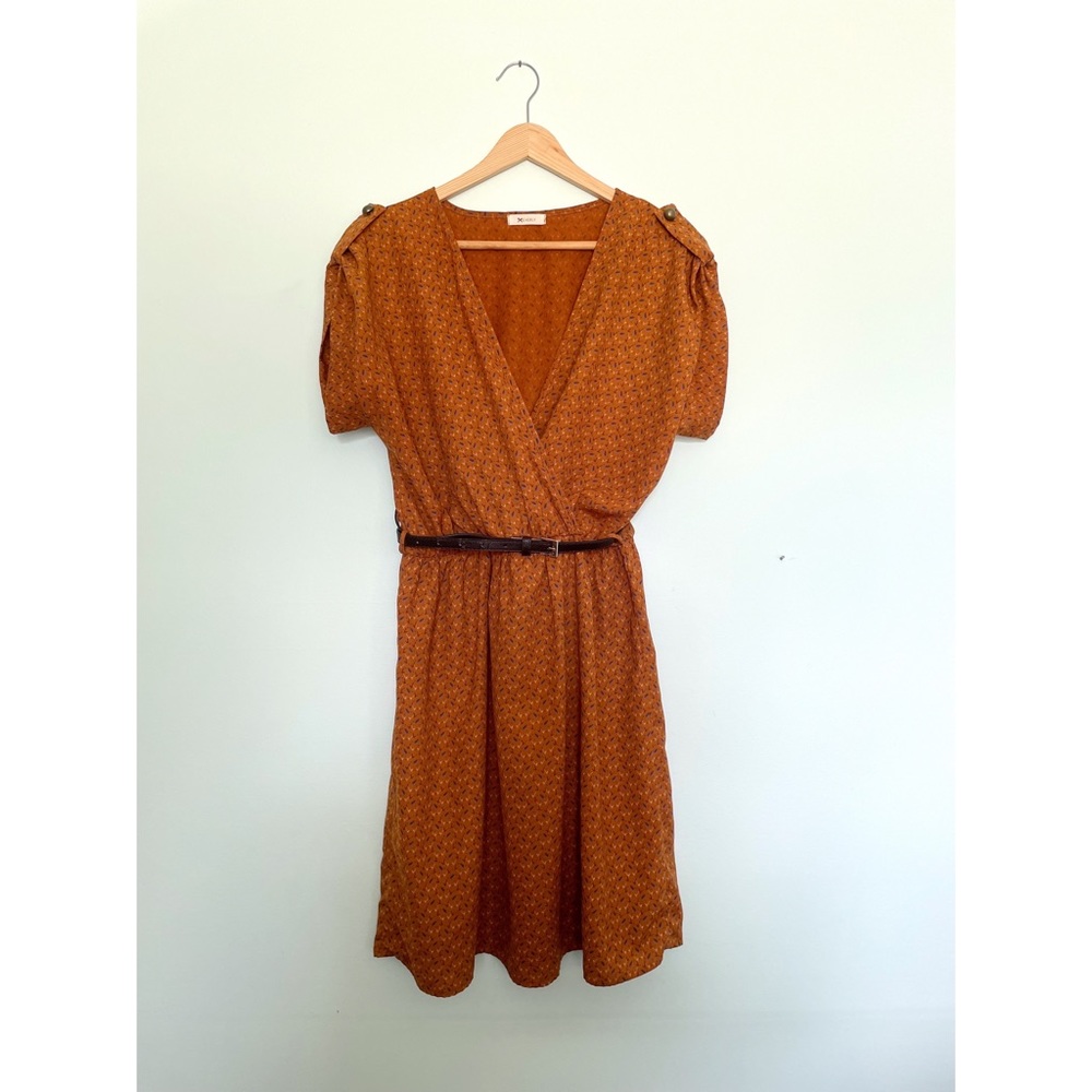 Cross front toffee coloured dress